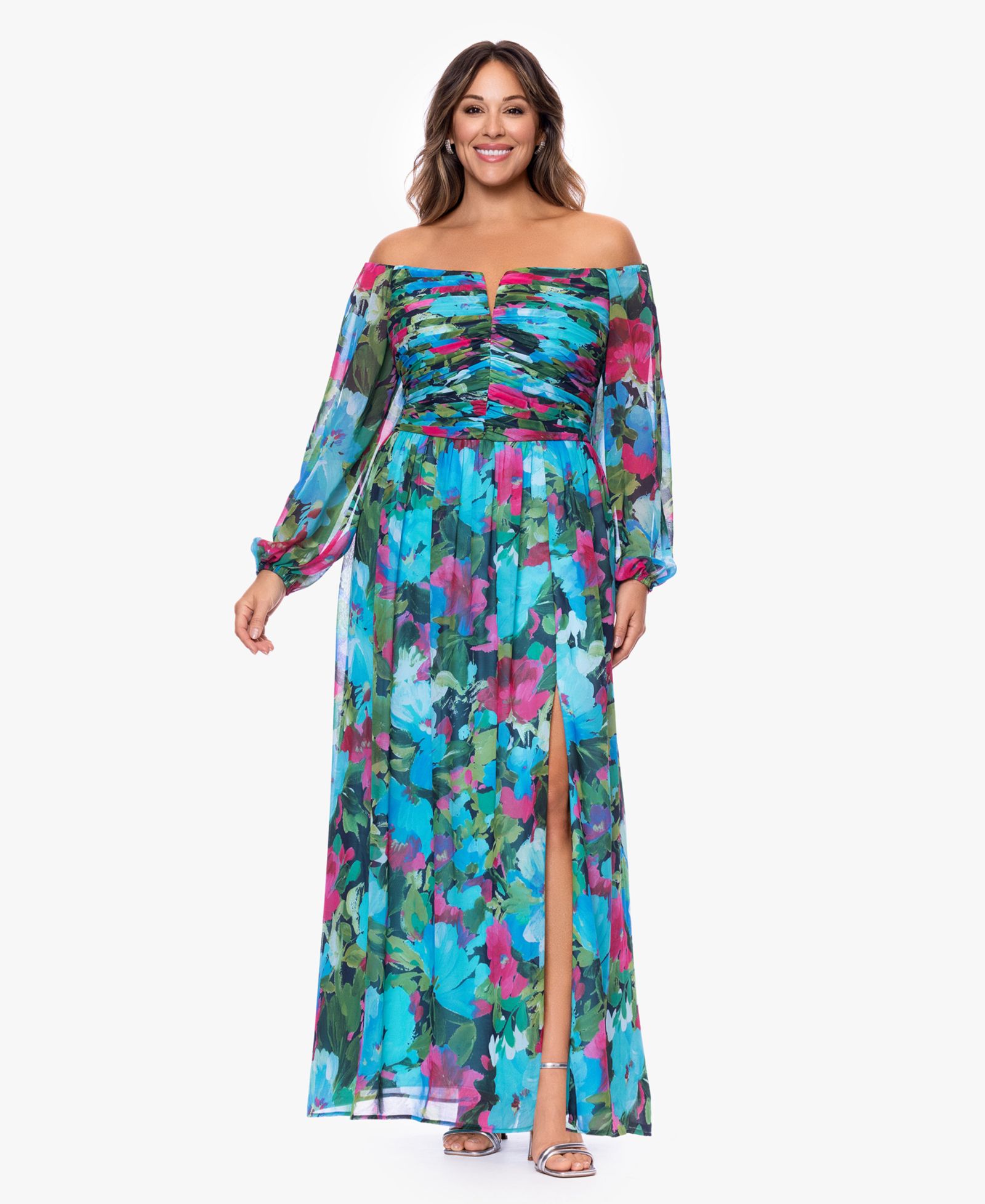 XSCAPE	 Plus Size Off-The-Shoulder Long-Sleeve Printed Gown