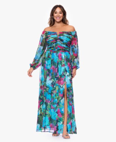 XSCAPE	 Plus Size Off-The-Shoulder Long-Sleeve Printed Gown