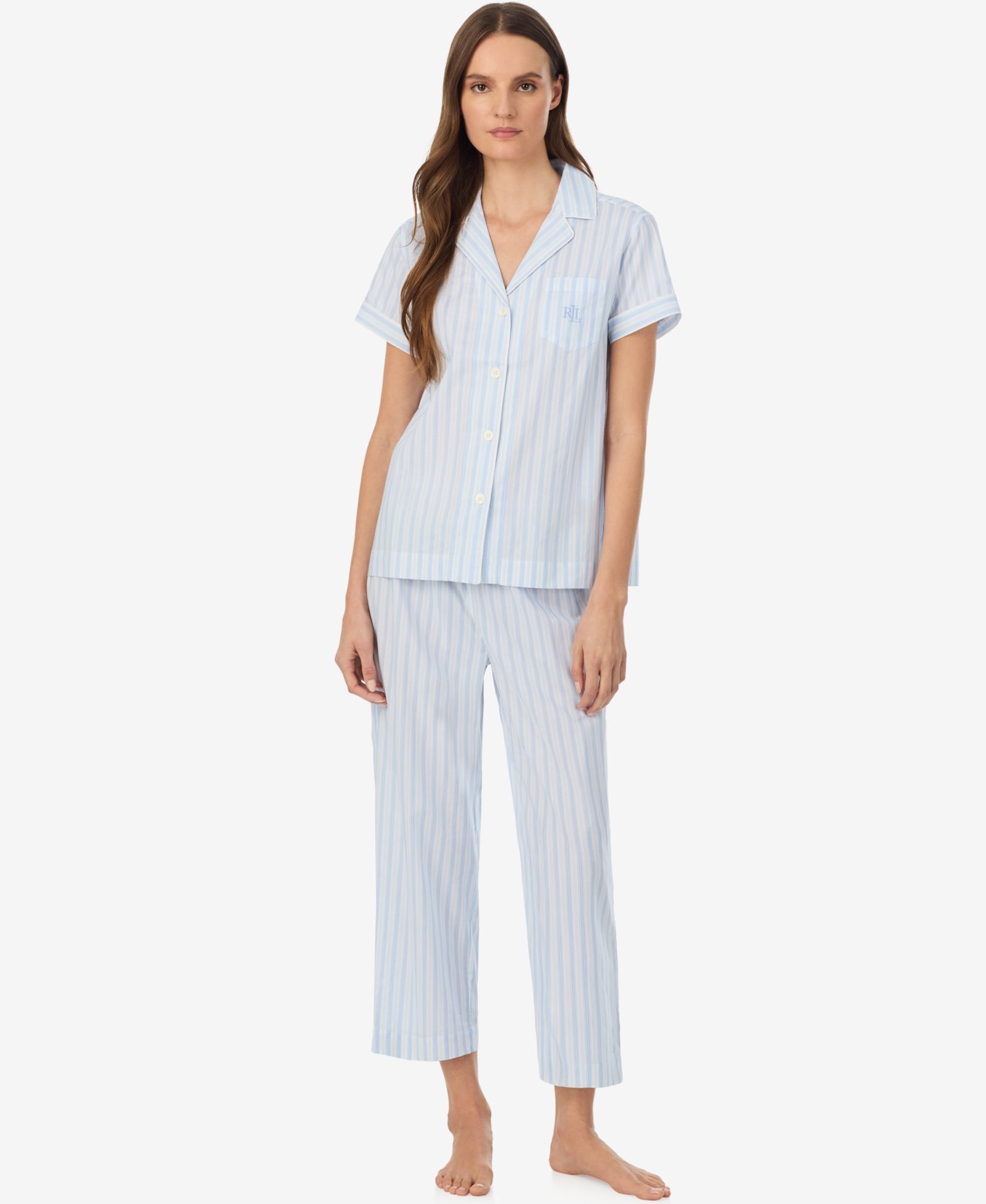 Lauren Ralph Lauren Women's Notch Collar Top and Cropped Pajama Pants, 2-Piece Set