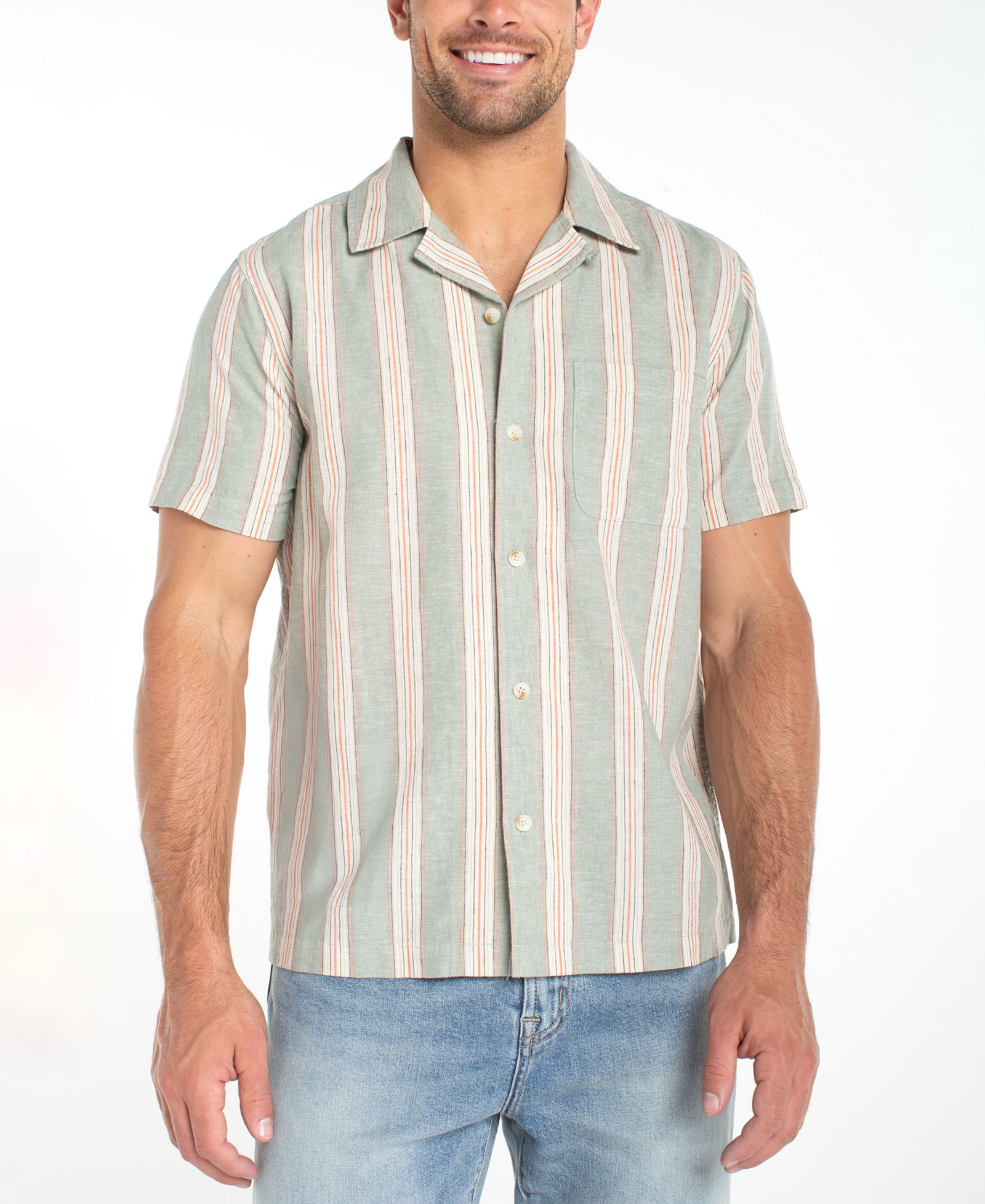 Liverpool Los Angeles Men's Short-Sleeve Button-Up Stripe Camp Shirt