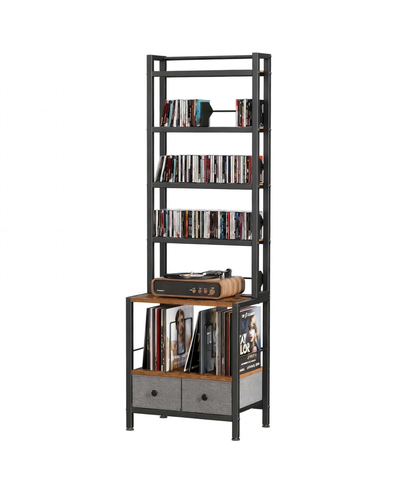 YIGII 6-Tier CD DVD Vinyl Storage Tower with Drawers for Living Room