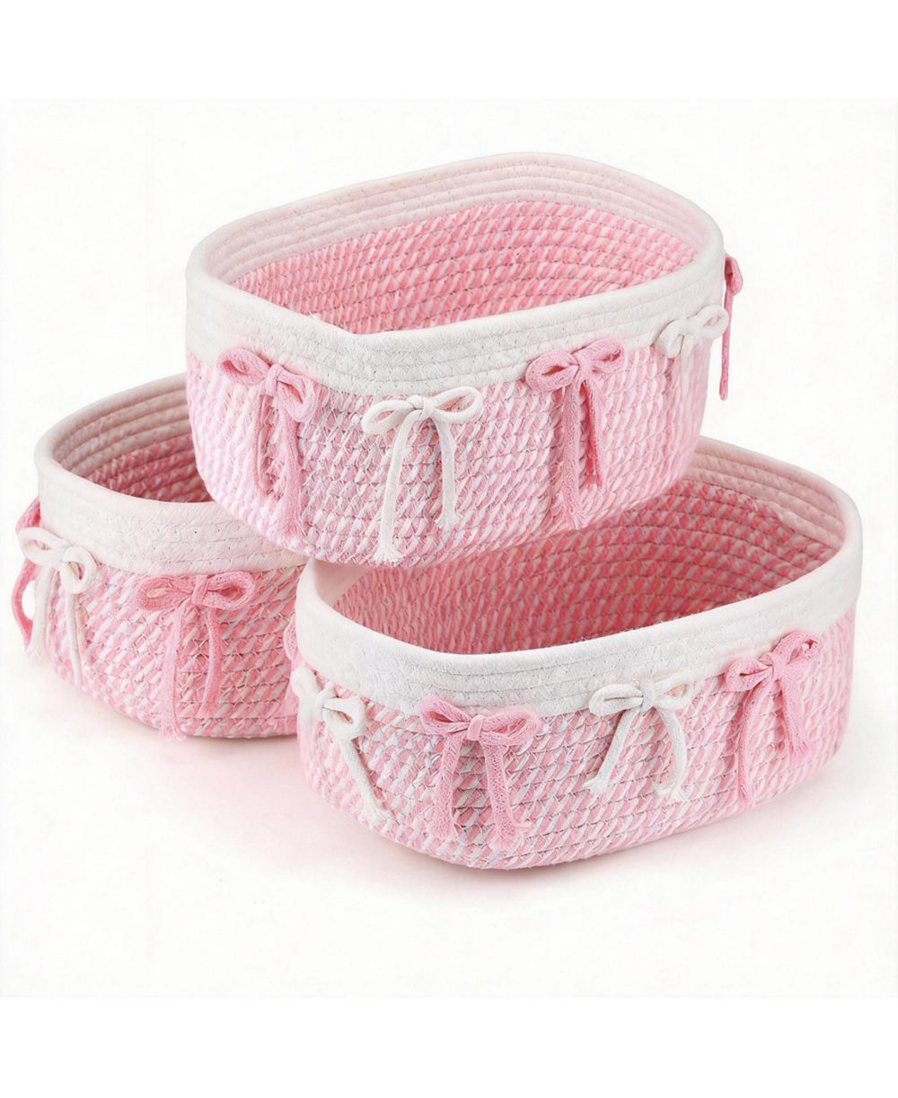 YIGII 3 Pink Bow Woven Rope Storage Baskets for Home Organization