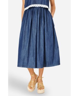 Yumi Women's Denim Chambray Gathered Midi Skirt