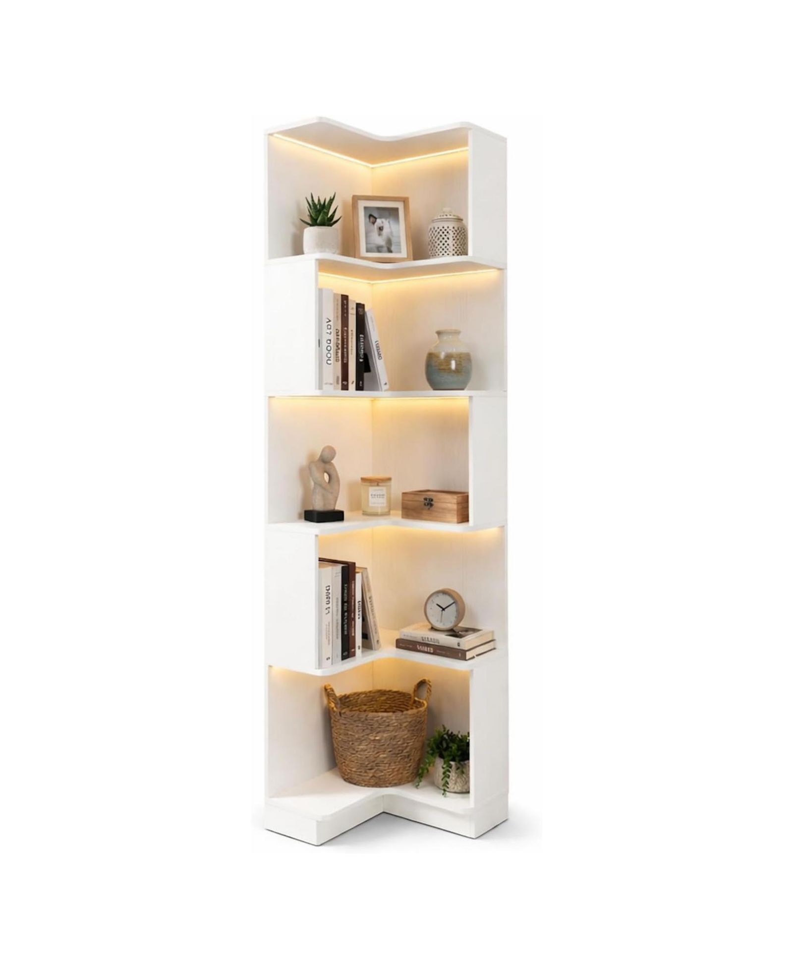 RAINSKEN 5 Tier Corner Bookshelf - L Shaped Open Display Shelf, Freestanding Storage Bookcase with LED Lights for Living Room, Bedroom