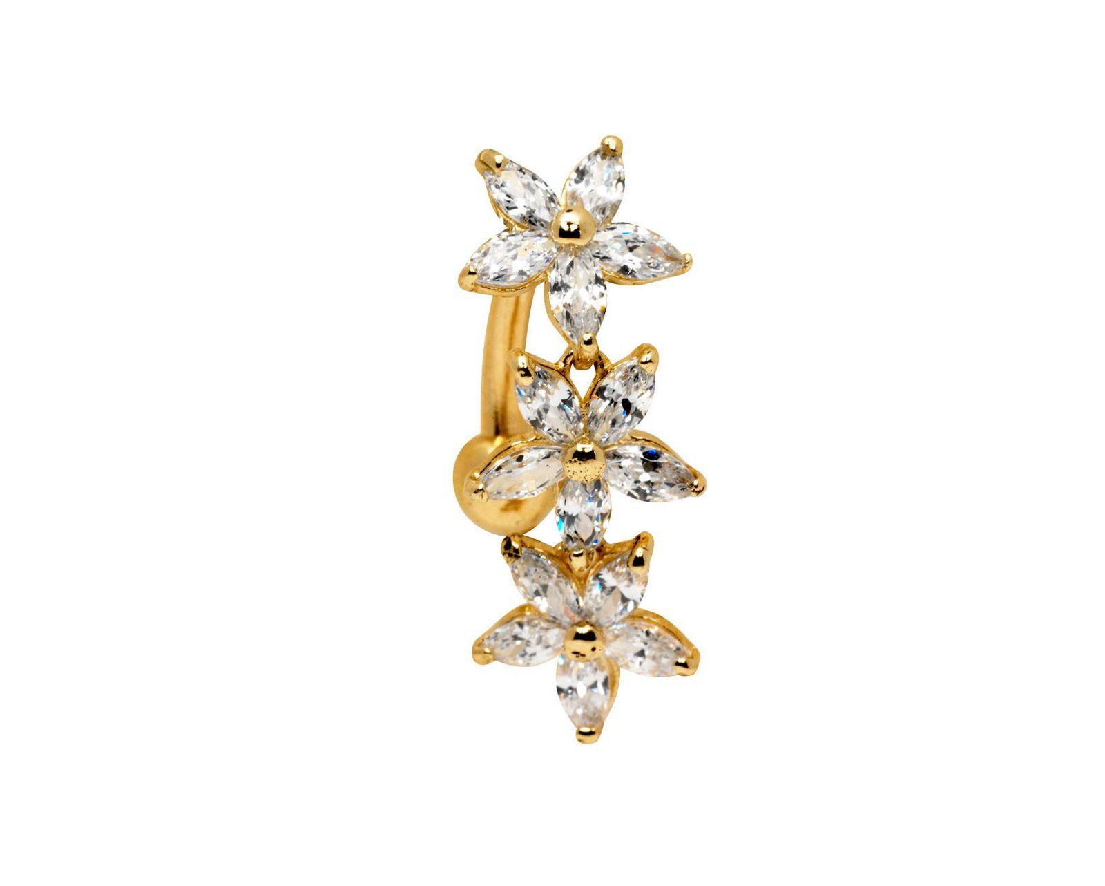Curata Jewelry Solid 14k Yellow or White Gold 14g Marquise Flower Cubic Zirconia Top Mount Belly Button Ring