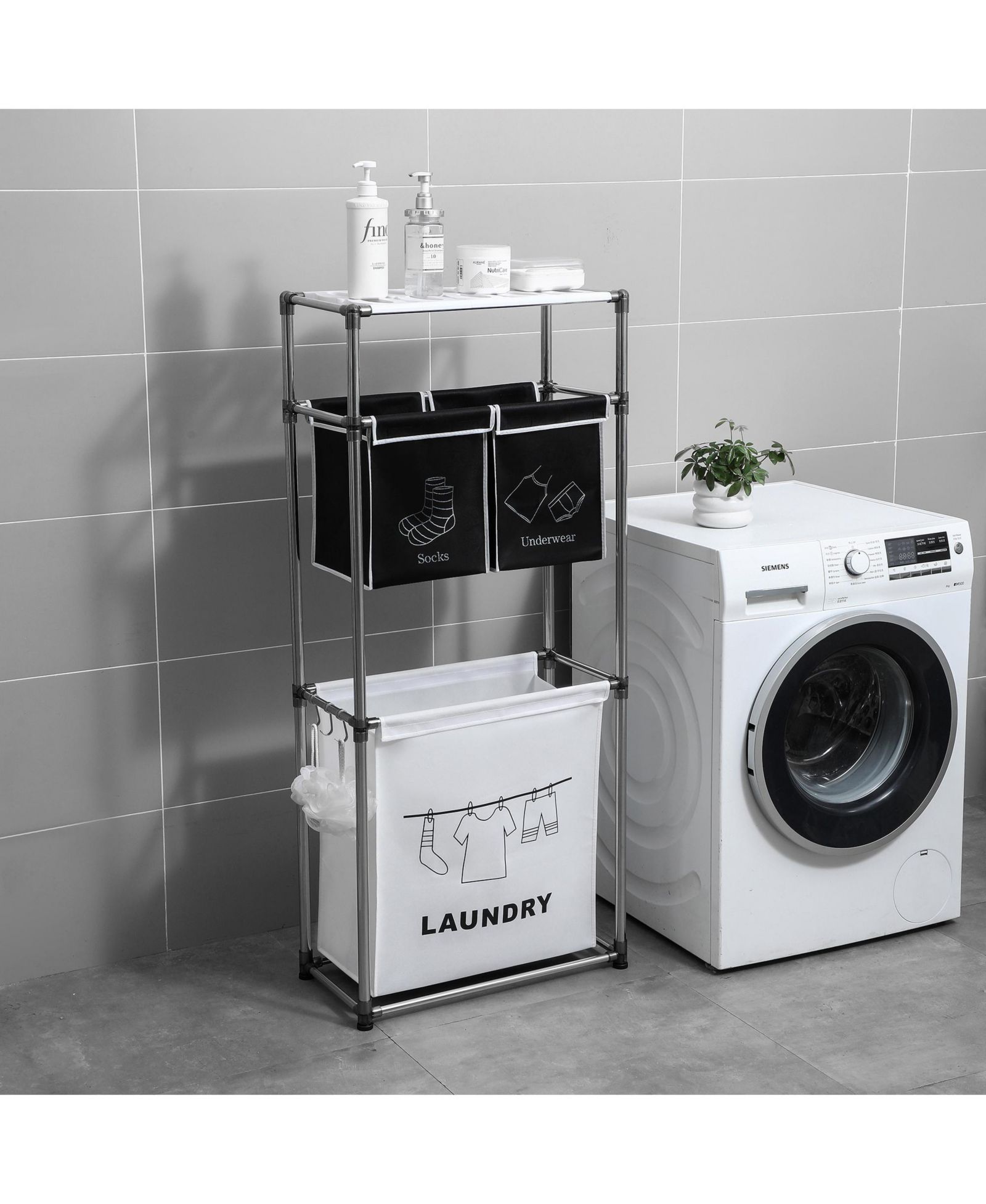RAINSKEN 3 Tier Laundry Hamper Sorter Organizer, Vertical Laundry Basket with 4 Removable Bags and Hooks for Home Laundry Room, Bathroom