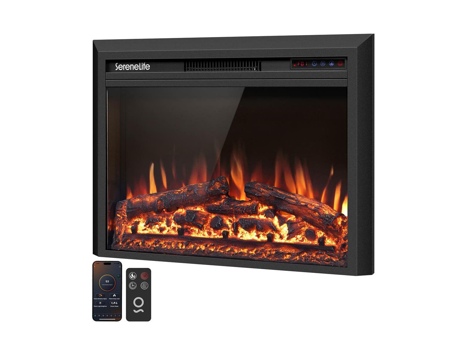 SereneLife Electric Fireplace Heater with LED Flame, Smart Wi Fi Control, Thermostat, Recessed or Wall Mounted Design