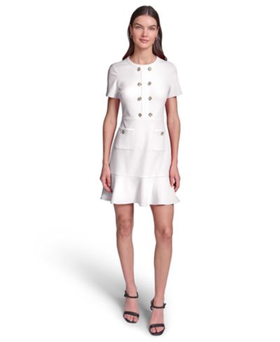 KARL LAGERFELD PARIS Women's Short-Sleeve Scuba Crepe with Flounce Hem and Button Dress