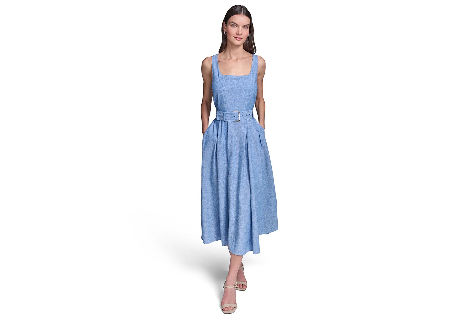 KARL LAGERFELD PARIS Women's Fit and Flare Belted Midi Linen Dress