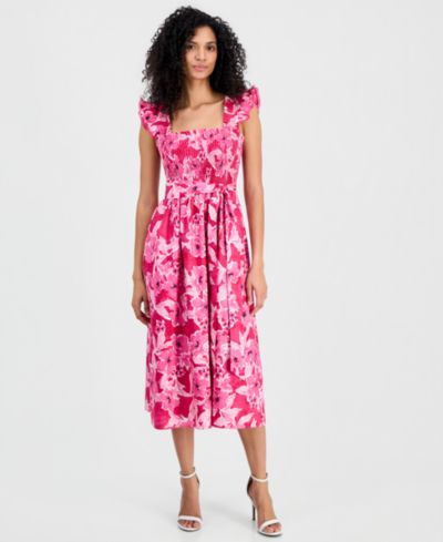 Anne Klein Women's Smocked Ruffle-Sleeve Midi Dress