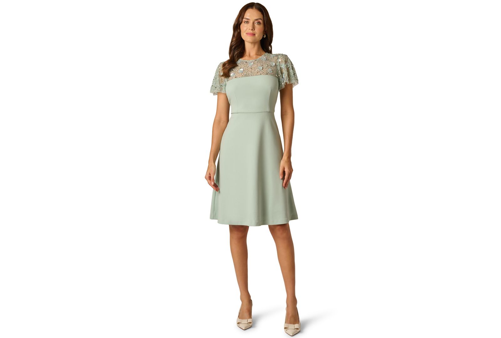Adrianna Papell Women's Bead Crepe Crewneck Illusion Dress
