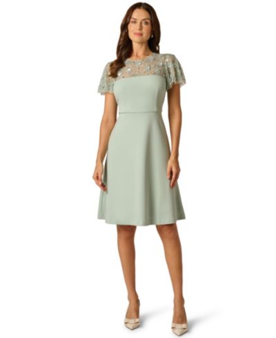 Adrianna Papell Women's Bead Crepe Crewneck Illusion Dress