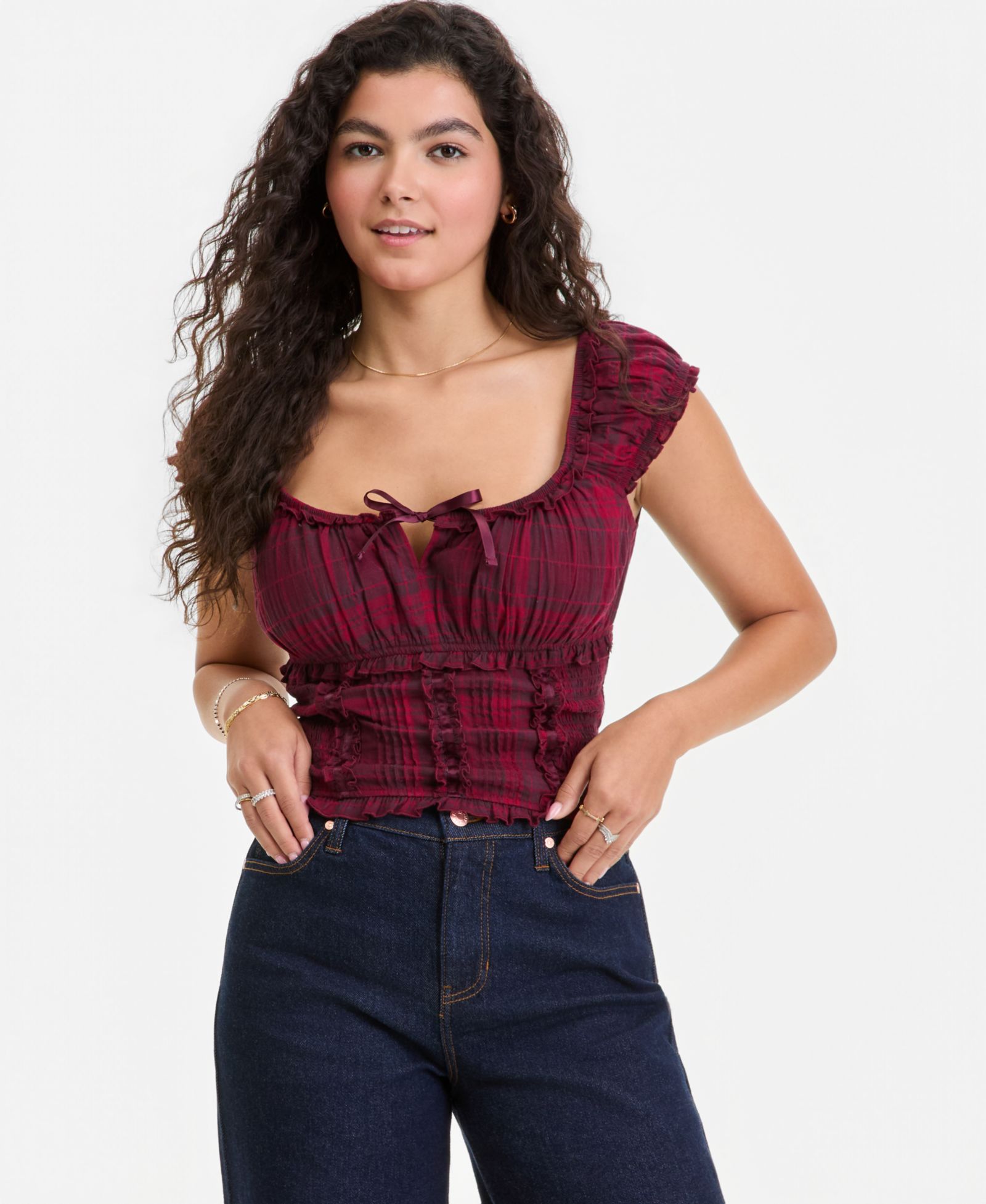 Self Esteem Juniors' Tie-Front Plaid Printed Top