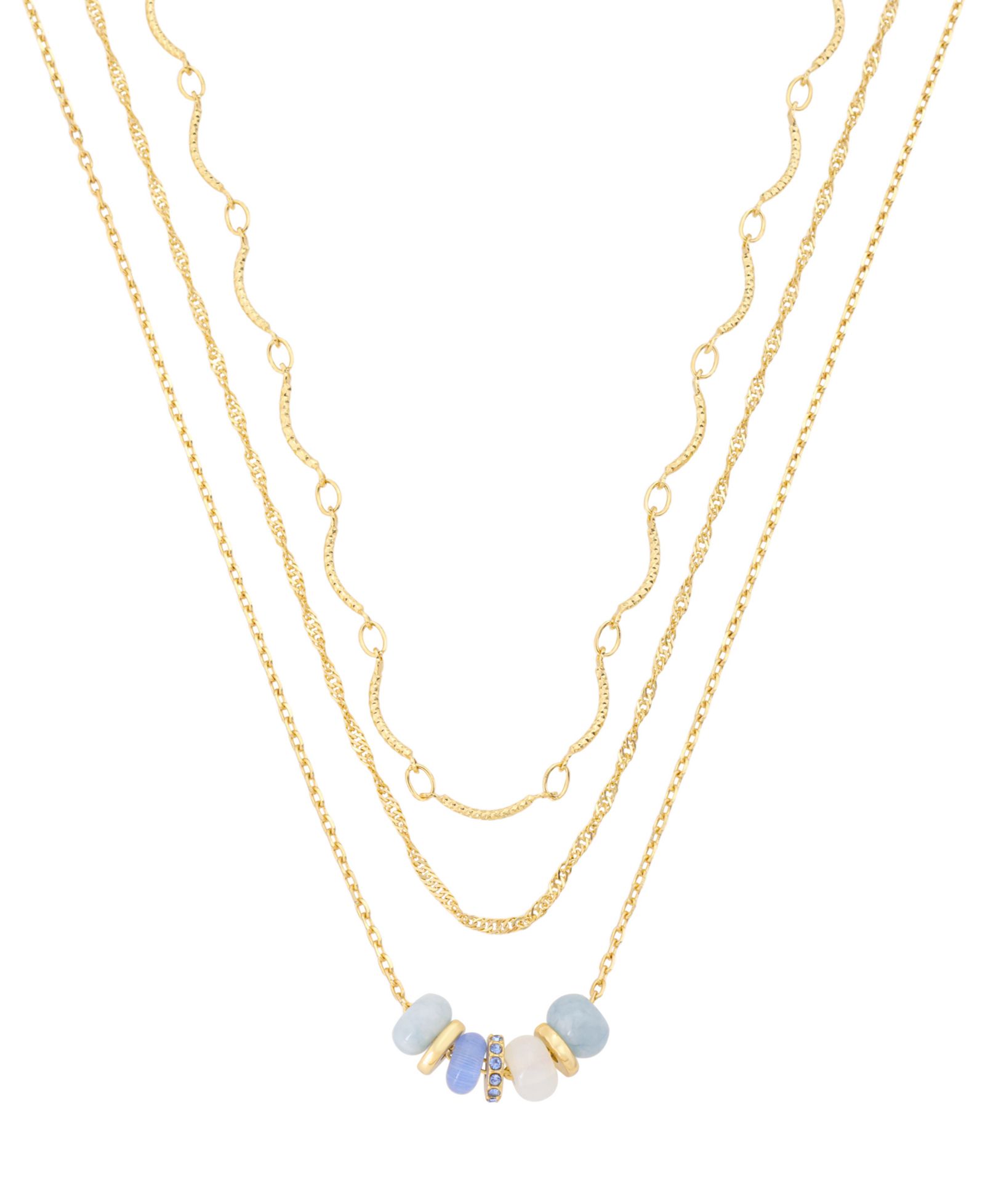 Unwritten Crystal and Dyed Quartz Gold-Tone Plated Blue Rondelle Bead Trio Necklace Set