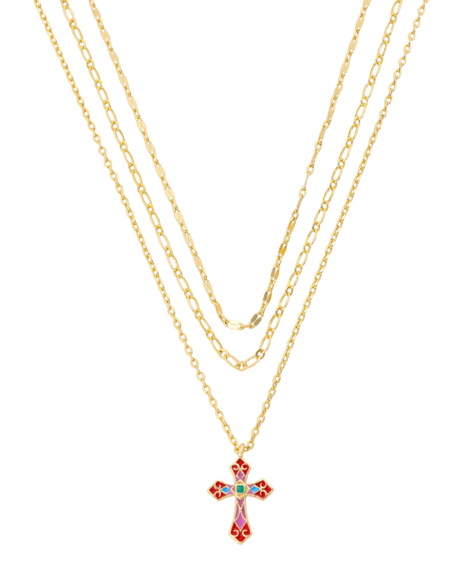 Unwritten Gold-Tone Plated Enamel Cross Pendant Trio Necklace Set