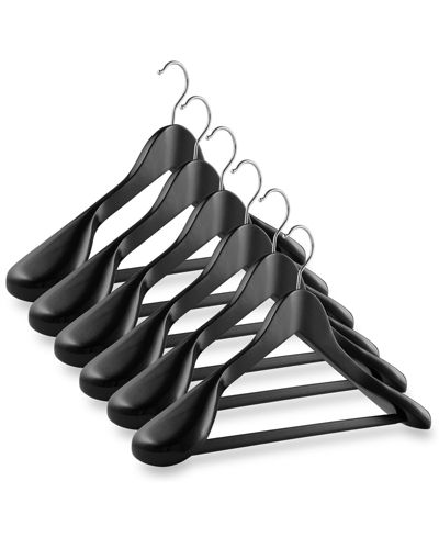 Casafield Wide Shoulder Wooden Suit Hangers, Non-Slip Pant Bar and Swivel Hook, Black - Set of 6