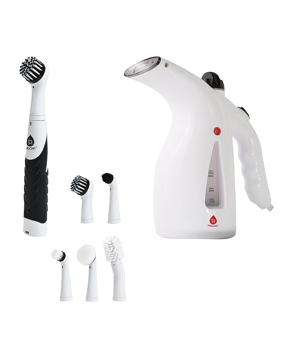 Pursonic Cordless Power Scrubber Cleaning Brush + Pursonic 300ml Handheld Travel Garment Steamer - Home & Travel Cleaning Essentials
