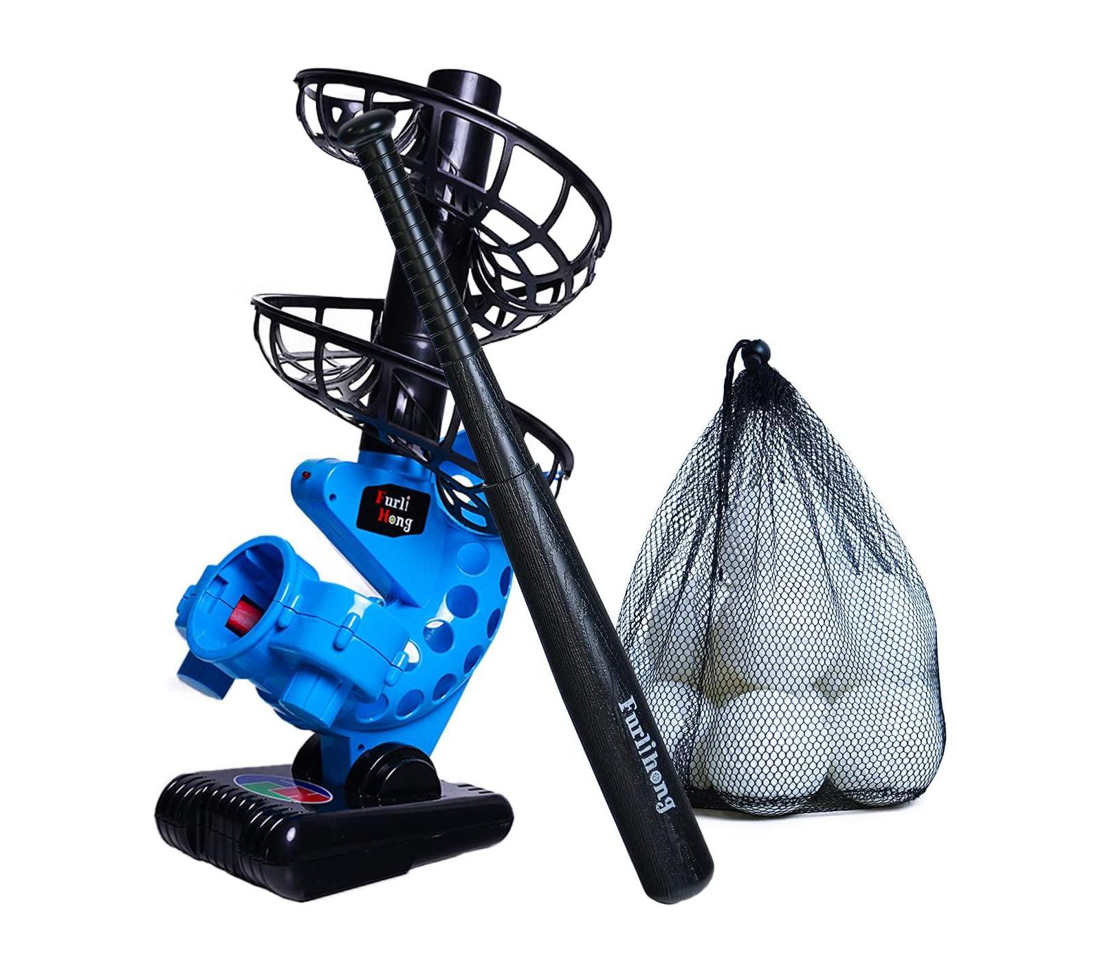 Furlihong Portable Baseball Pitching Machine with Bat and 12 Training Balls Battery Powered with 3 Adjustable Launch Angles for Kids and Beginners