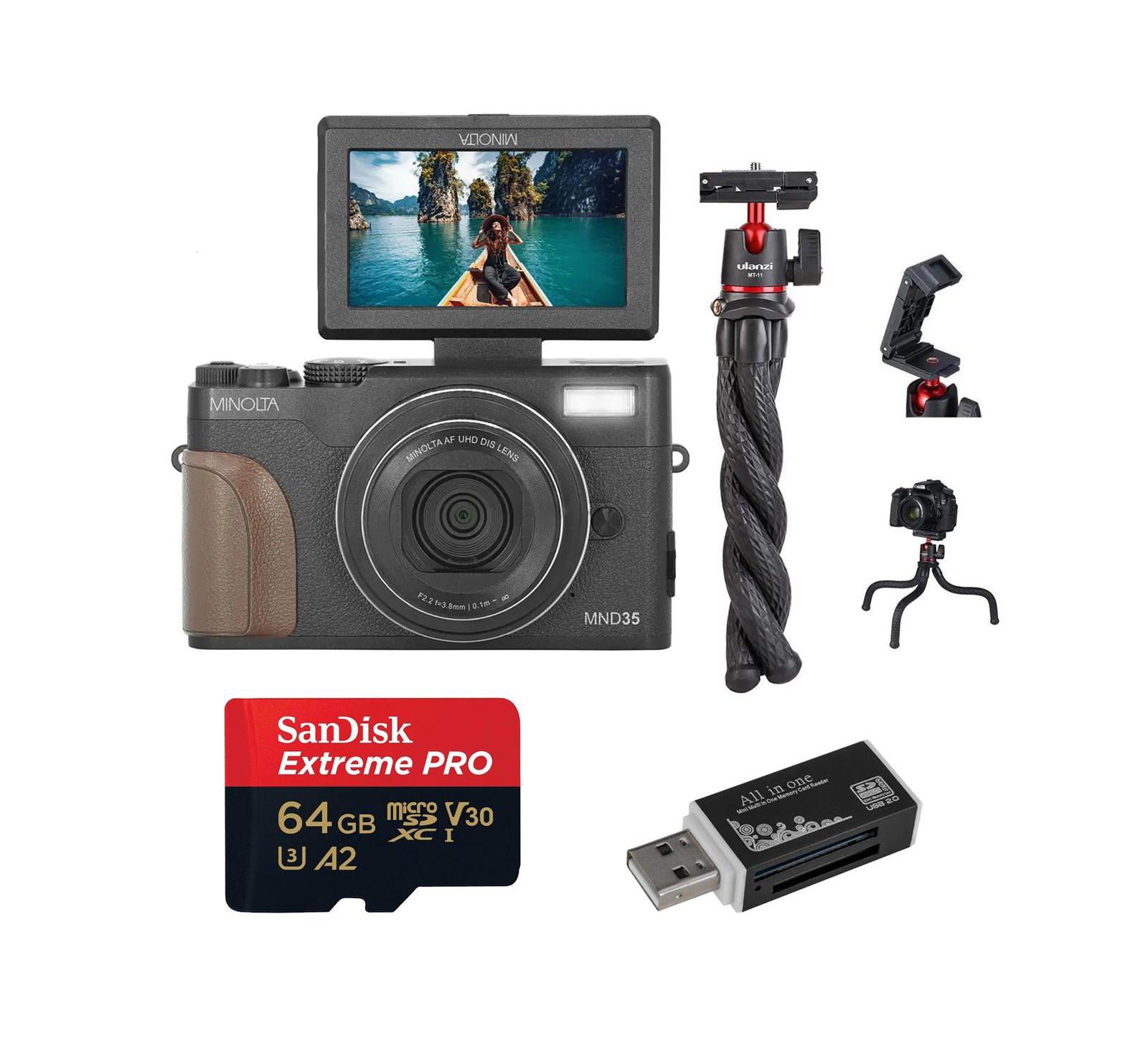 Minolta MND35 64MP 4K UHD Wi-Fi Digital Camera, Black, w/64GB Card and Tripod