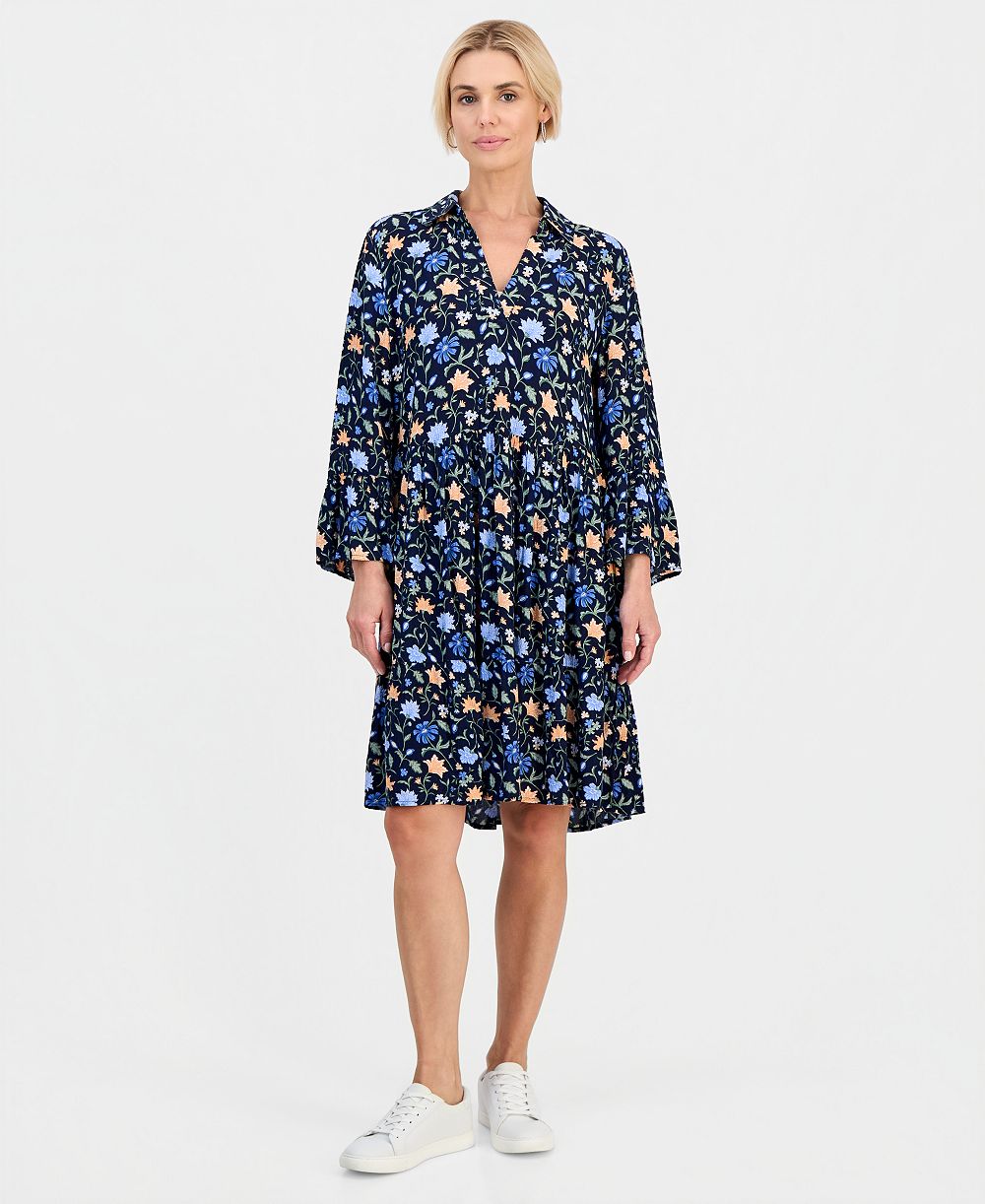 Style & Co Petite Printed 3/4-Sleeve Tiered Shift Dress, Macy's Exclusive