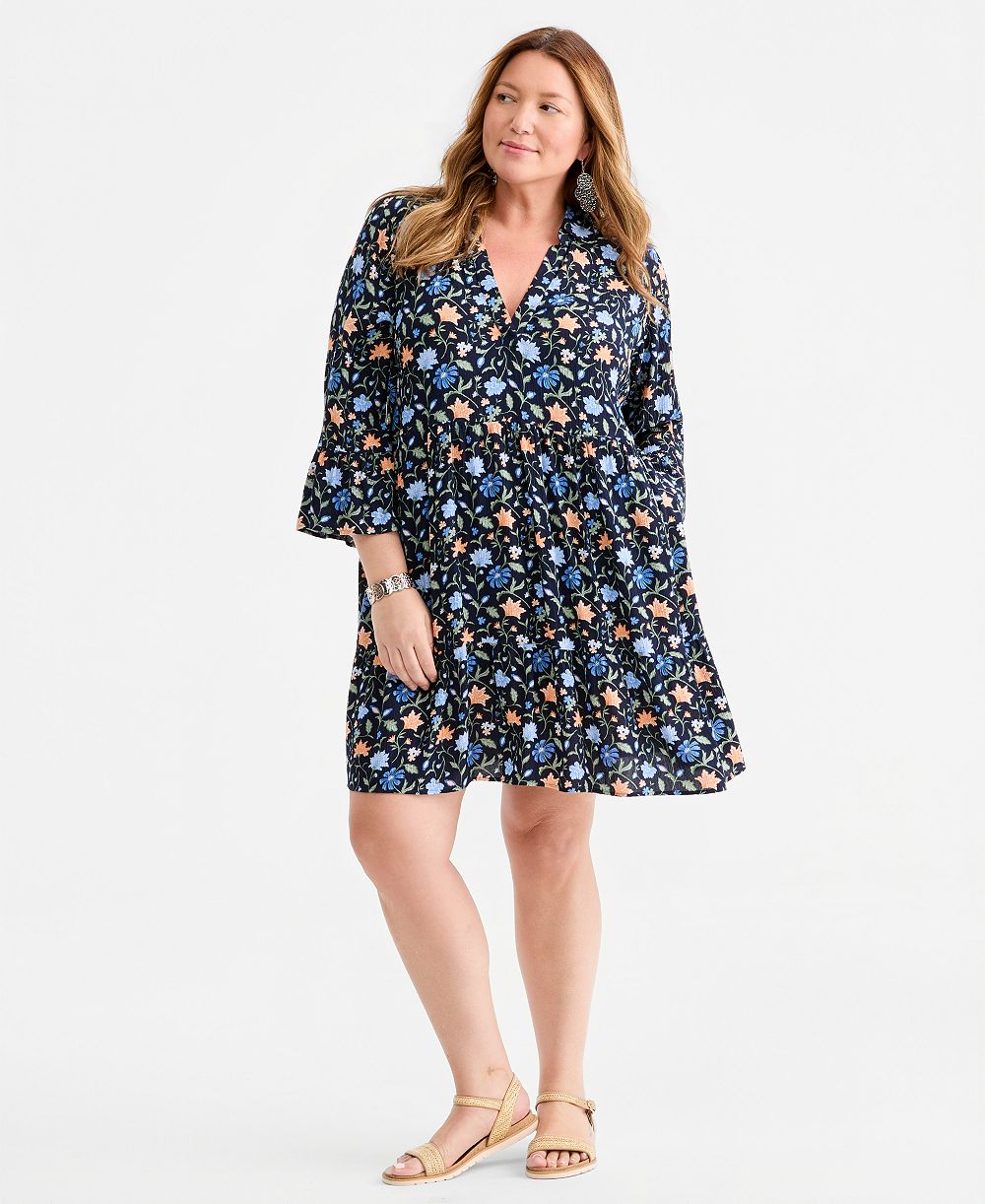 Style & Co Plus Size Printed V-Neck 3/4-Sleeve Tiered Dress, Macy's Exclusive