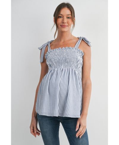 Hello Miz Maternity Striped Smocked Square Neck Tie Strap Top