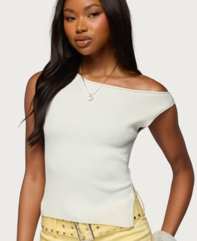 Edikted Women's Myrah Asymmetric Off Shoulder Ribbed Knit Top