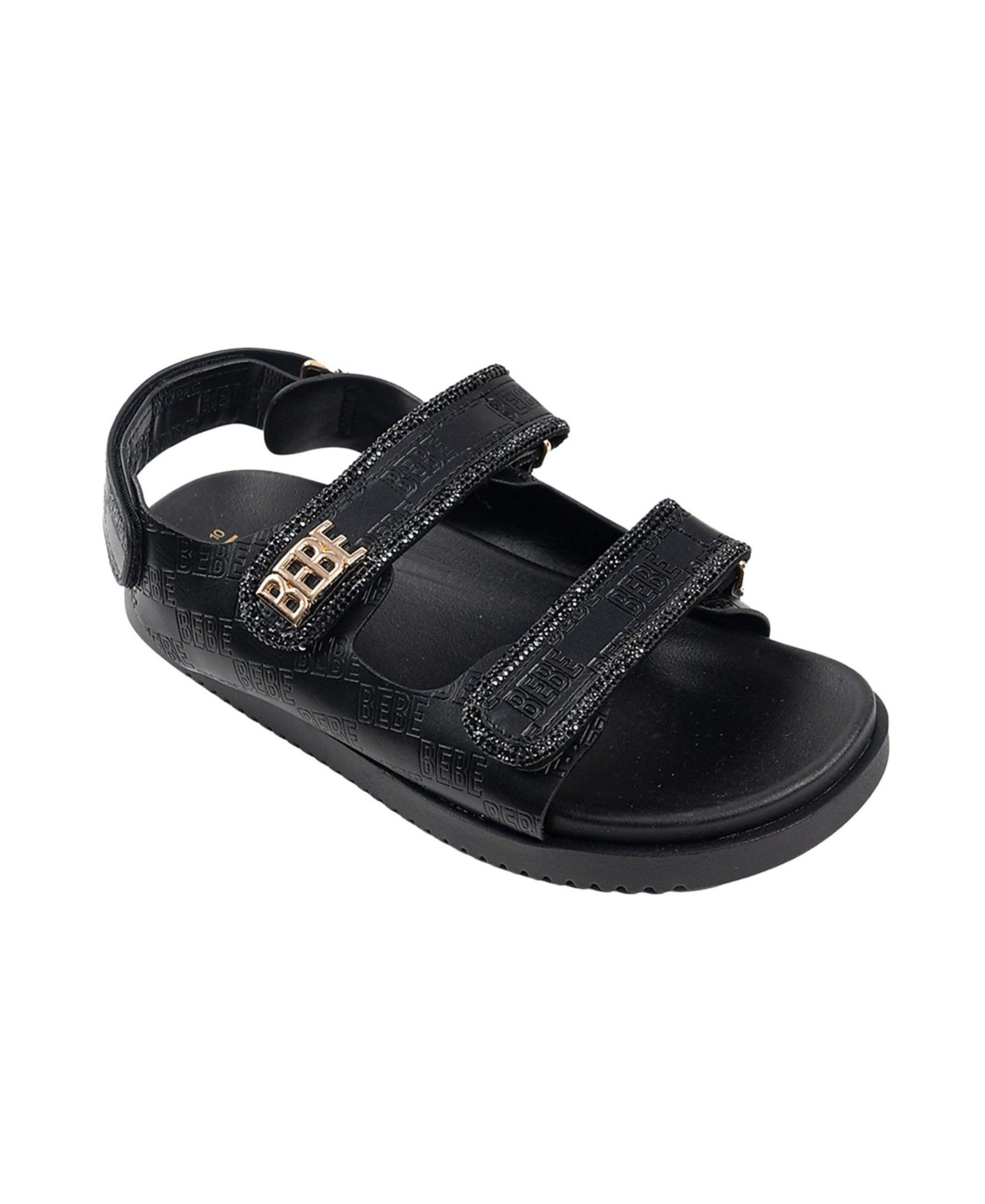 bebe Women's Sandal with Rhinestone Rope Binding and bebe Logo Rivet Detail Sandals