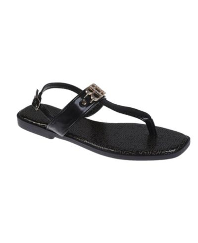 bebe Women's Fashion with Double B Hardware and Repeat Logo Sock Lining Sandal