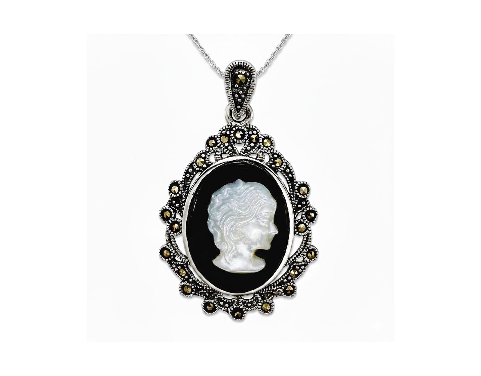 Curata Jewelry 925 Sterling Silver Marcasite, Agate and Simulated Mother of Pearl Cameo Pendant Necklace