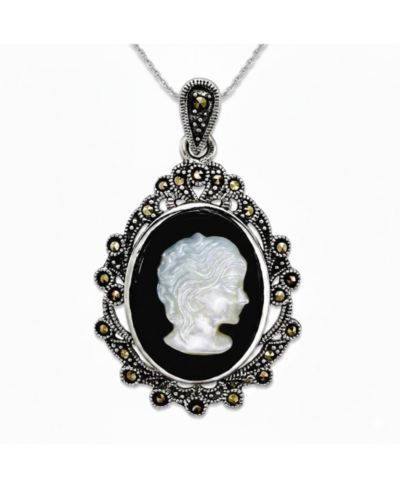 Curata Jewelry 925 Sterling Silver Marcasite, Agate and Simulated Mother of Pearl Cameo Pendant Necklace