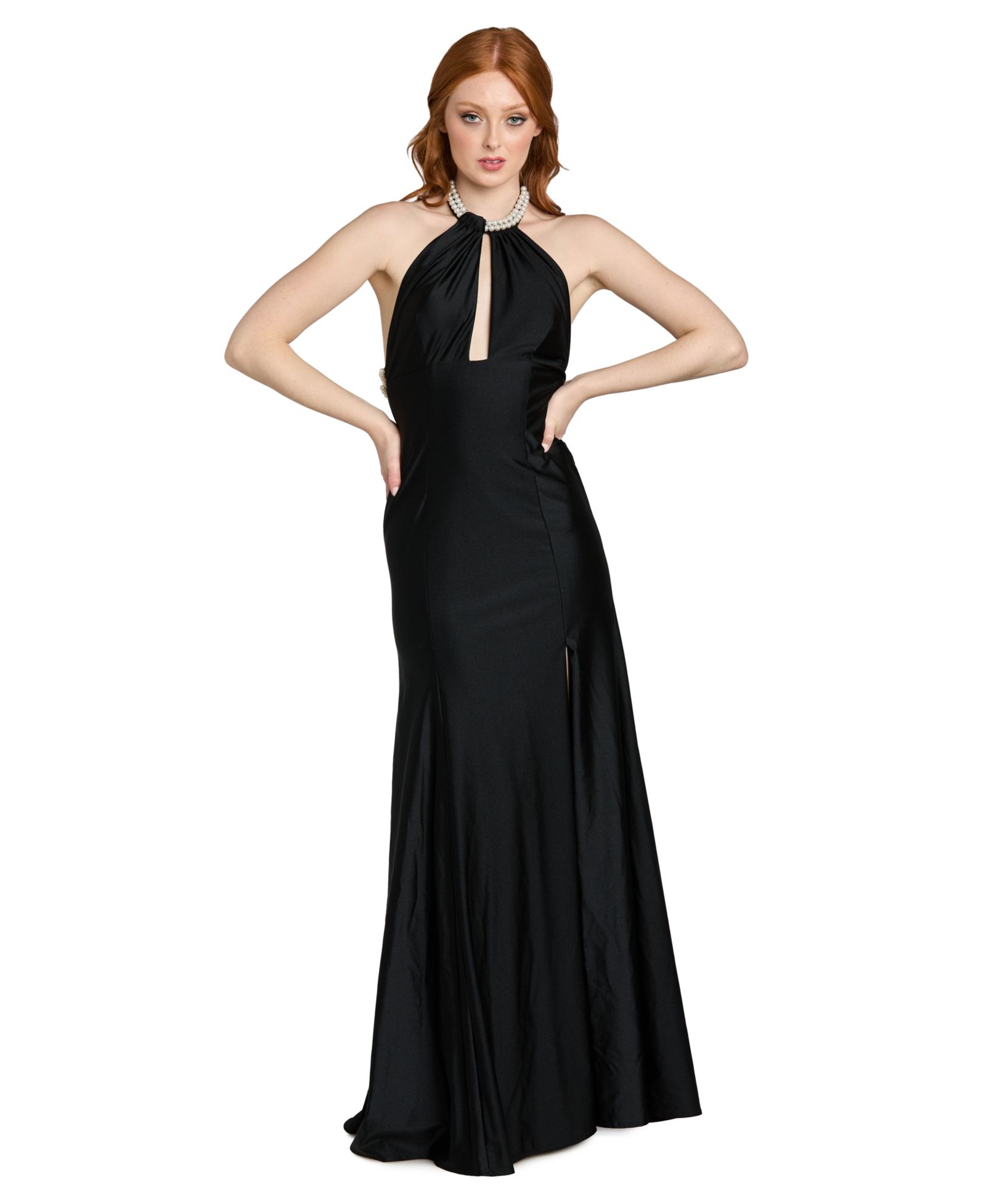 Длинное вечернее платье Morgan & Company Juniors' Imitation-Pearl Halter Neck