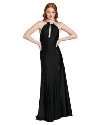 Длинное вечернее платье Morgan & Company Juniors' Imitation-Pearl Halter Neck
