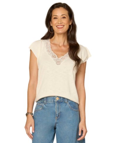 Democracy Petite V-Neck Short-Sleeve Sweater