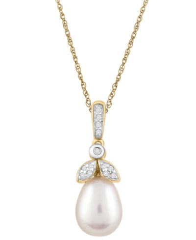 Macy's Cultured Freshwater Pearl (10x7mm) & White Diamond (1/20 ct. t.w.) Pendant Necklace in 10k Yellow Gold