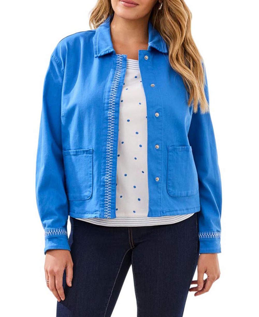 TRIBAL Women's Hidden Snap-Front Stretch Denim Jacket