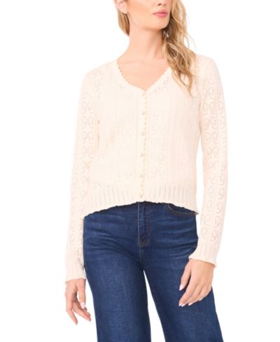 CeCe Women's V-Neck Pointelle Cotton Cardigan Sweater