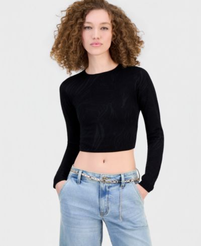 GUESS Women's Crewneck Long-Sleeve Cropped Sweater
