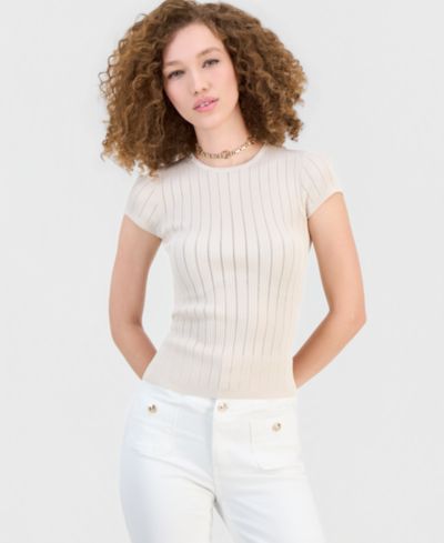GUESS Women's Short-Sleeve Crew Neck Rib Pointelle Mix Kara Sweater