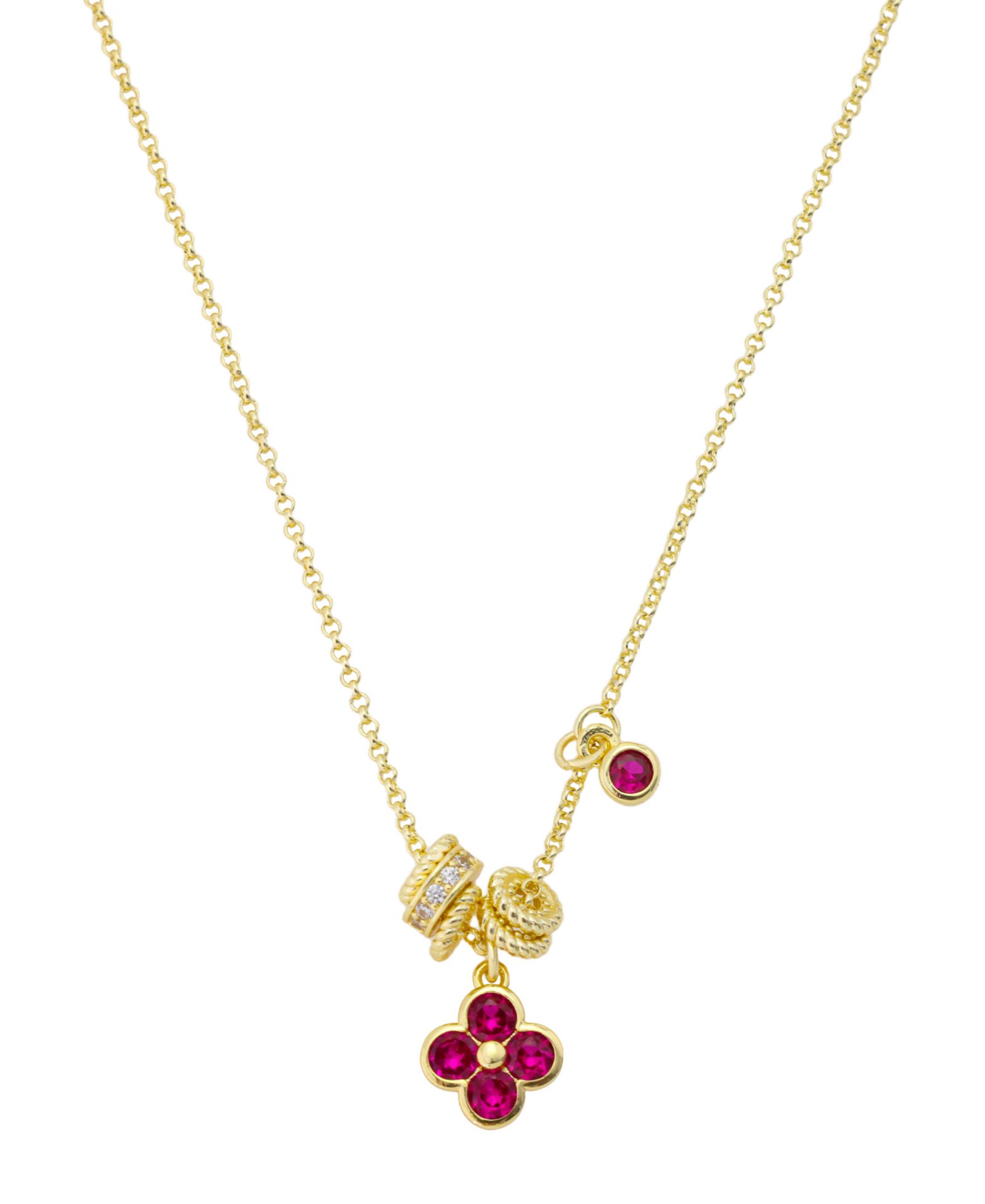 Unwritten Cubic Zirconia Pink Clover Pendant with Rondelle Charm Necklace