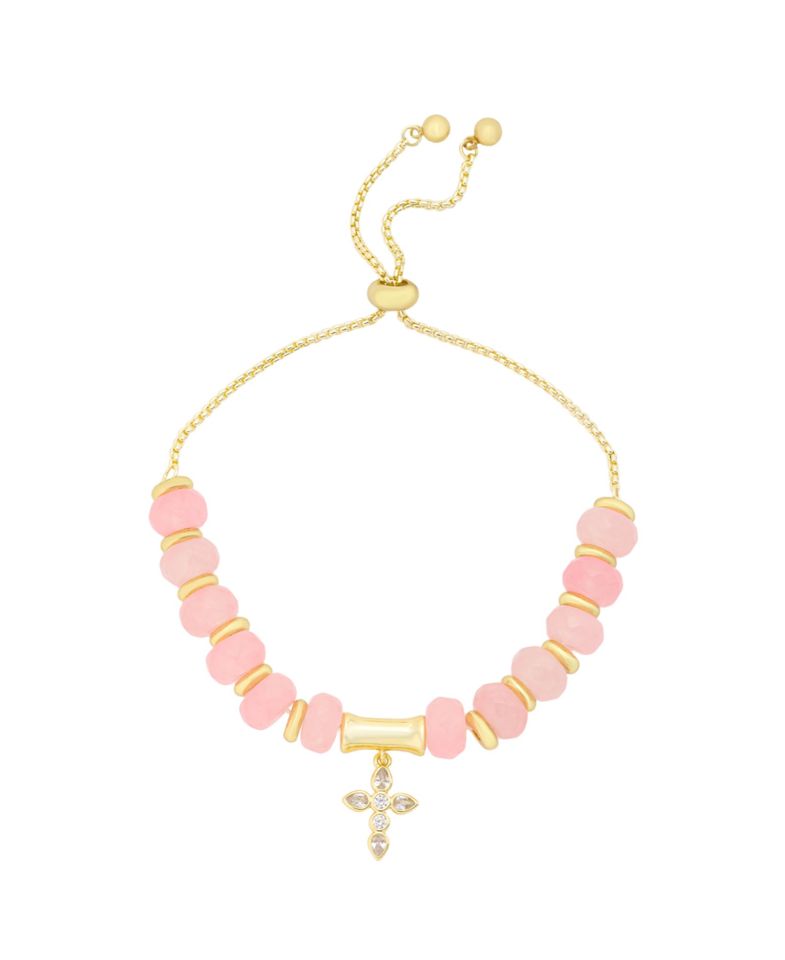 Unwritten Cubic Zirconia and Rose Quartz Beaded Bolo with Cross Charm Bracelet