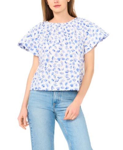 CeCe Women's Ruffle-Sleeve Crewneck Cotton Top
