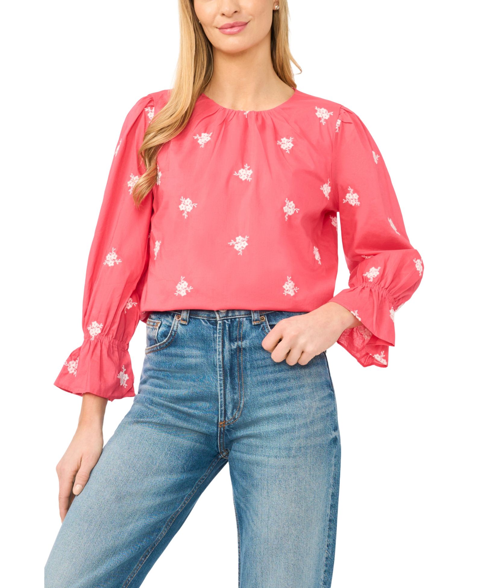 CeCe Women's Embroidered Shirred Neck Cotton Blouse