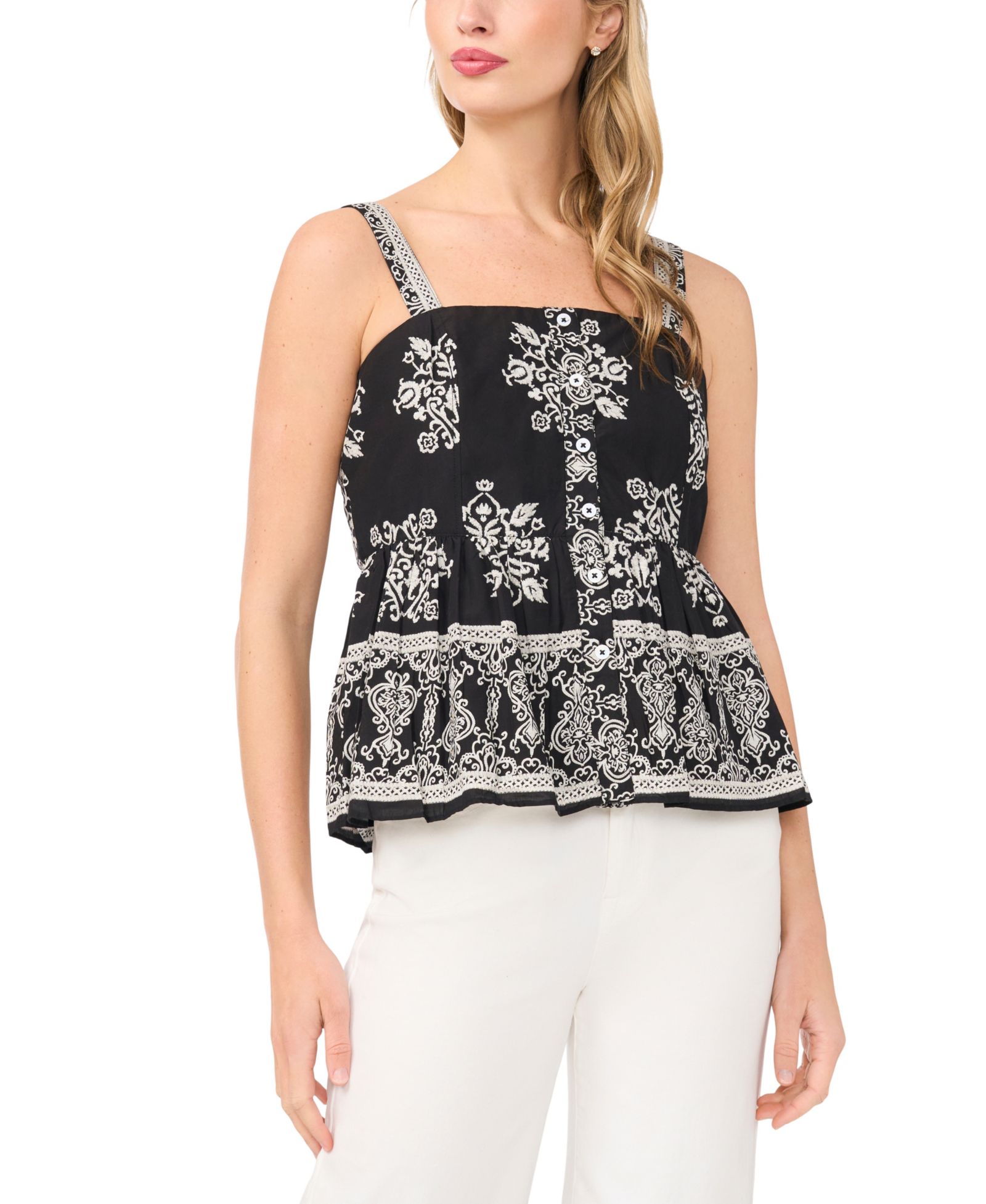 CeCe Women's Printed Sleeveless Square Neck Cotton Babydoll Top