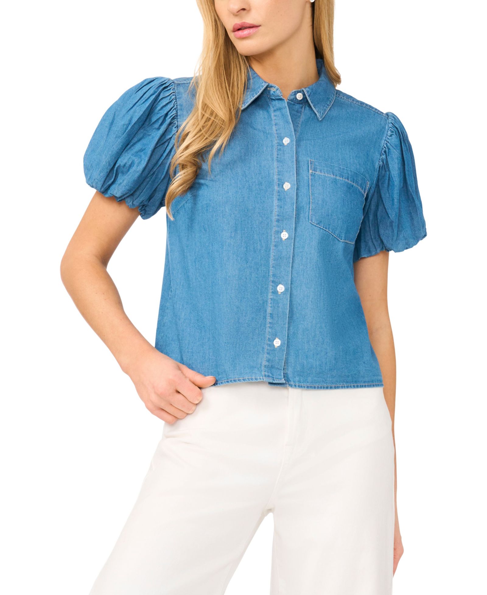 Женский хлопковый топ CeCe Collared Puff-Sleeve Button-Up