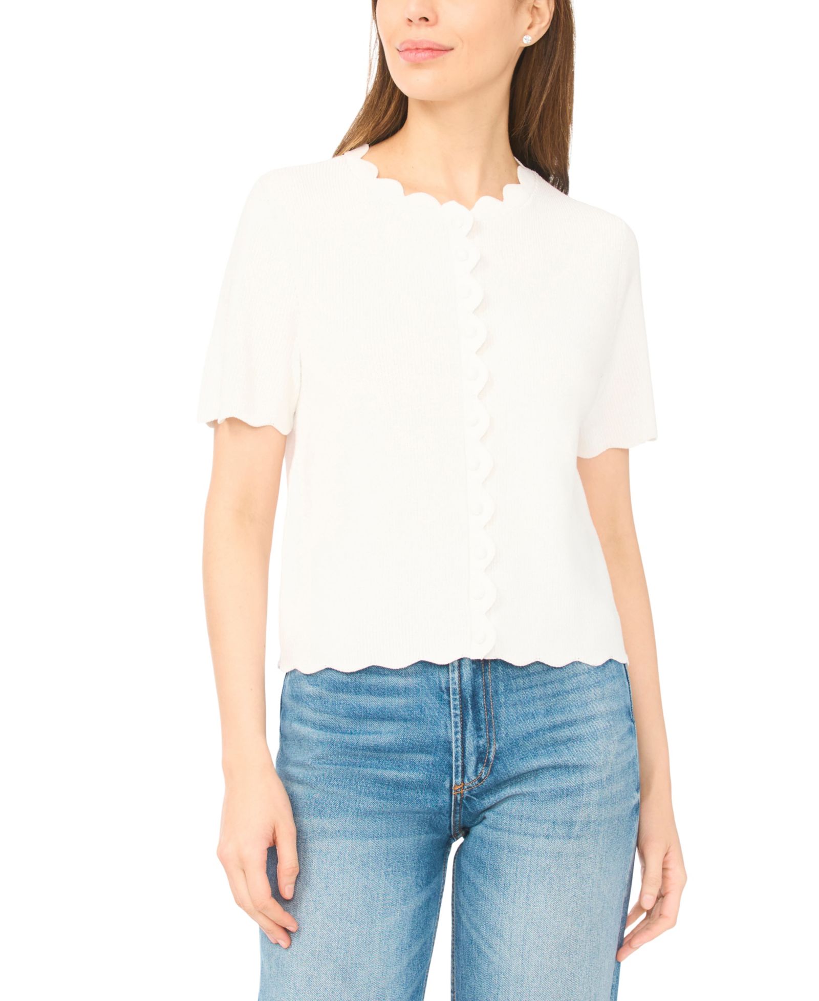 CeCe Women's Crewneck Scallop-Edge Cardigan