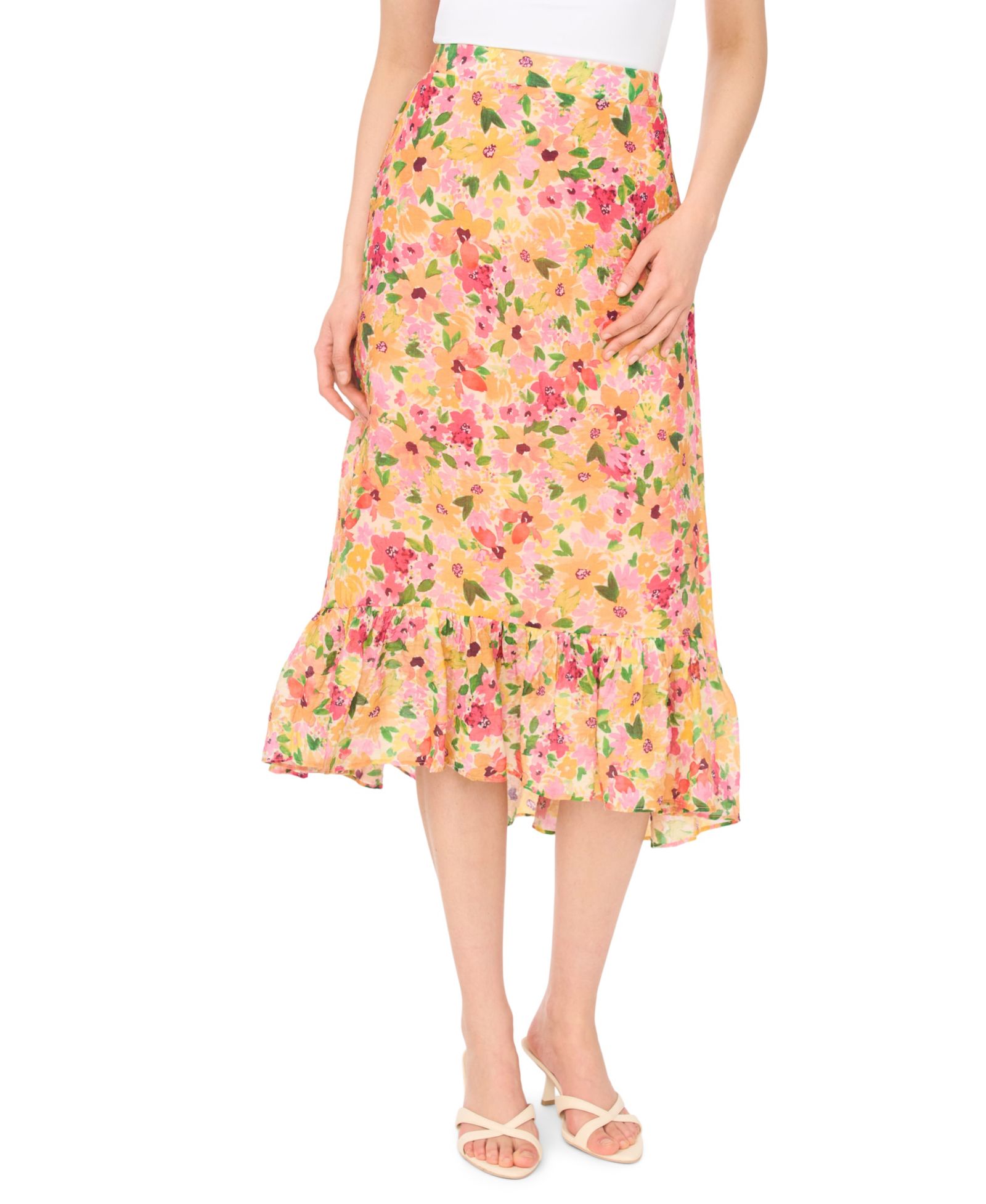 CeCe Women's Floral Ruffle Hem Midi Skirt