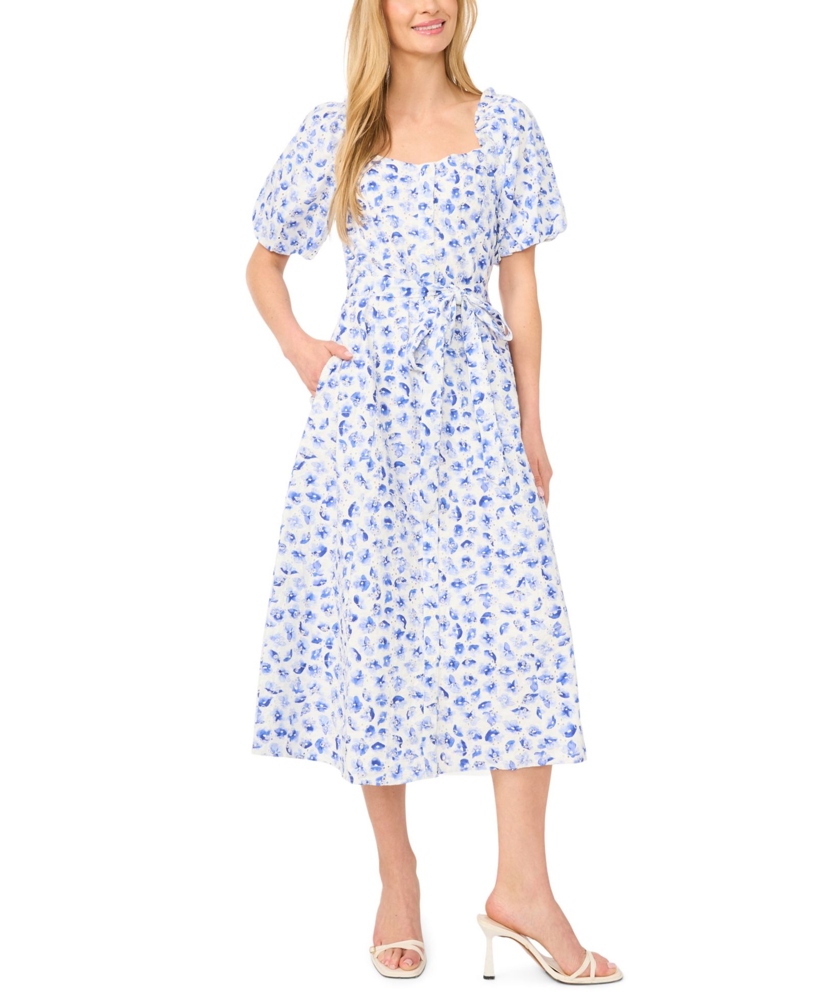 Женское миди-платье CeCe Sweetheart Neck Puff-Sleeve Cotton