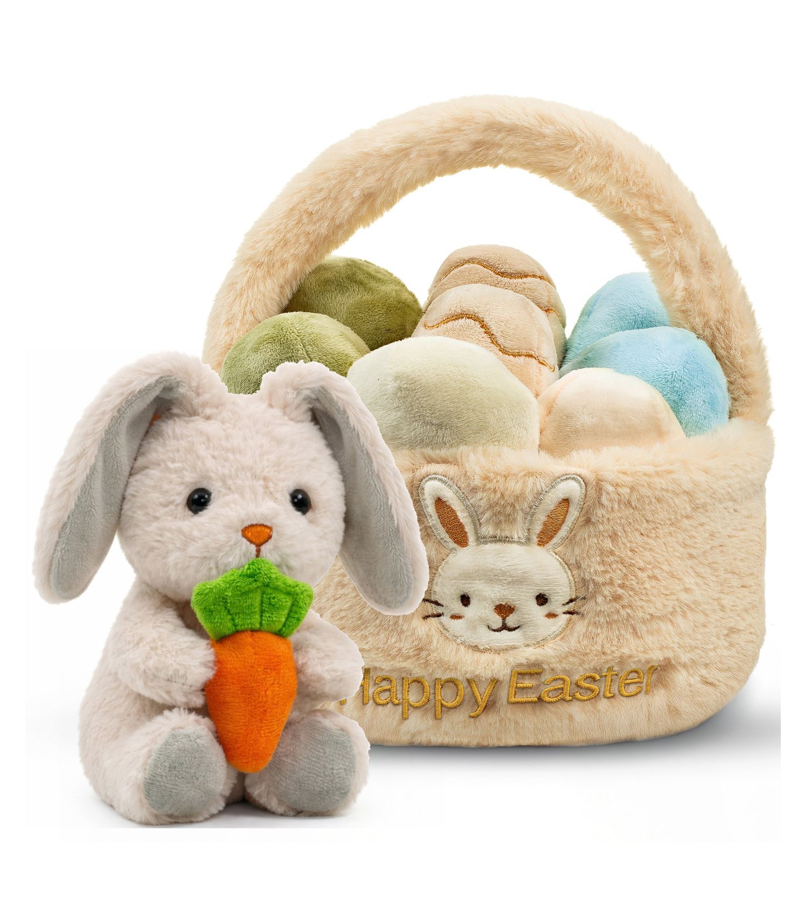 Sperric Easter Plush Bunny with Carrot & Easter Egg Plush Basket Toy Set, Cute Easter Stuffed Animals, Easter Basket Stuffer Toys for Newborns