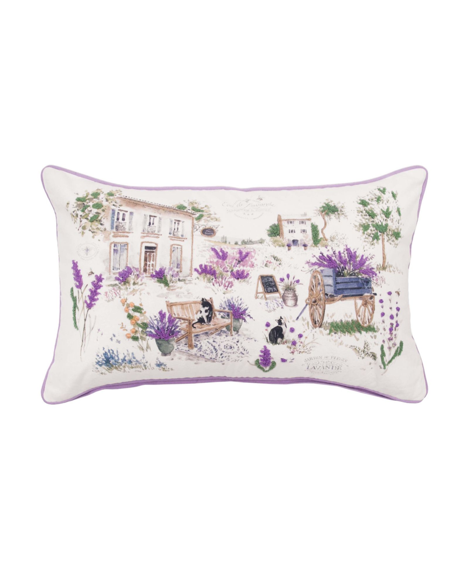 C&F Home Lavender & Cat Village Market Jardin de Fleurs Countryside Graphic Print Embroidered Throw Pillow, 14" x 22